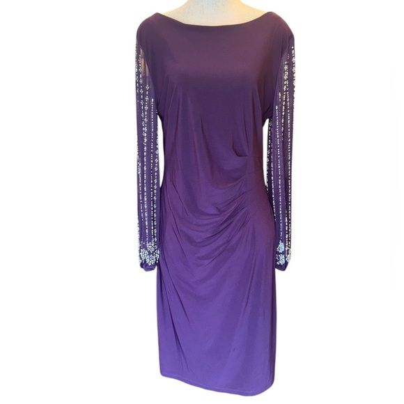 Marina Round Neck Beaded Lace Long Sleeve Side Drape Sheath Dress in Egg… - Picture 6 of 8